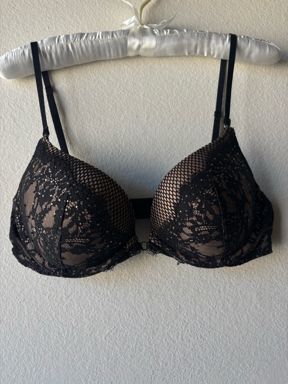Victoria's Secret Black Lace Push-Up Bra with Mesh Overlay
